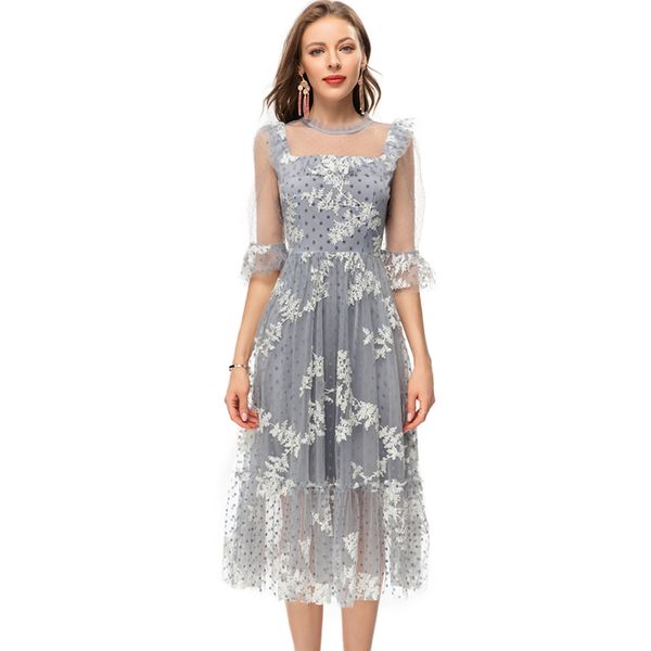 women's runway dresses o neck flare half sleeves embroidery mesh fashion designer vestidos, Black
women's runway dresses o neck flare half sleeves embroidery mesh fashion designer vestidos, Black