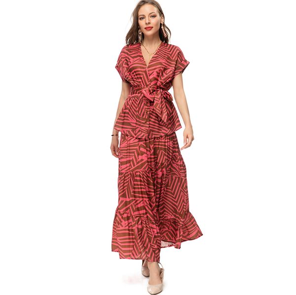 women's runway two piece dress v neck short sleeves printed lace up blouse with skirt twinset sets, White
women's runway two piece dress v neck short sleeves printed lace up blouse with skirt twinset sets, White