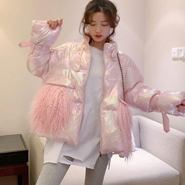 leather women's winter silver down cotton jacket glossy 2022 golden big fur collar thick shiny long pink blue warm parkas, Black
leather women's winter silver down cotton jacket glossy 2022 golden big fur collar thick shiny long pink blue warm parkas, Black