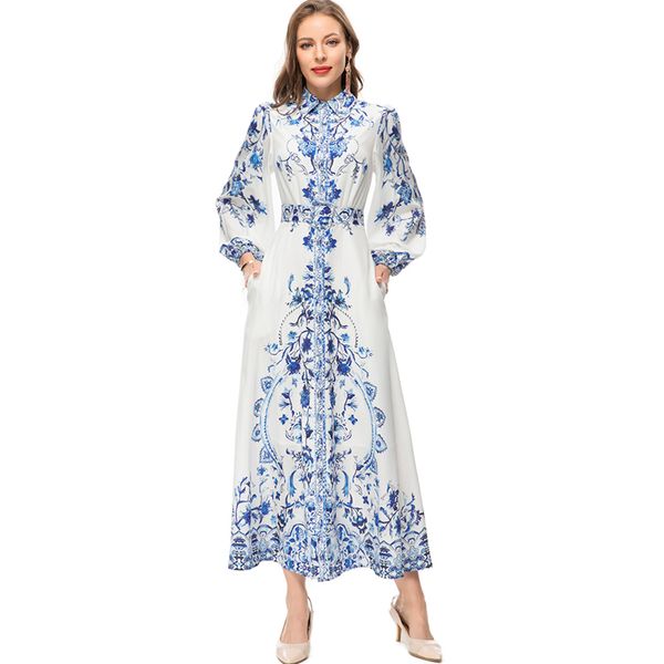 women's runway dresses turn down collar long sleeves printed single breasted high street vestidos with belt, Black
women's runway dresses turn down collar long sleeves printed single breasted high street vestidos with belt, Black