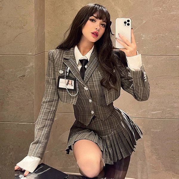 women s suits blazers retro brown plaid vest shirt coat skirt sets girl college style suit pleated mini female korean jacket 230504, White;black
women s suits blazers retro brown plaid vest shirt coat skirt sets girl college style suit pleated mini female korean jacket 230504, White;black