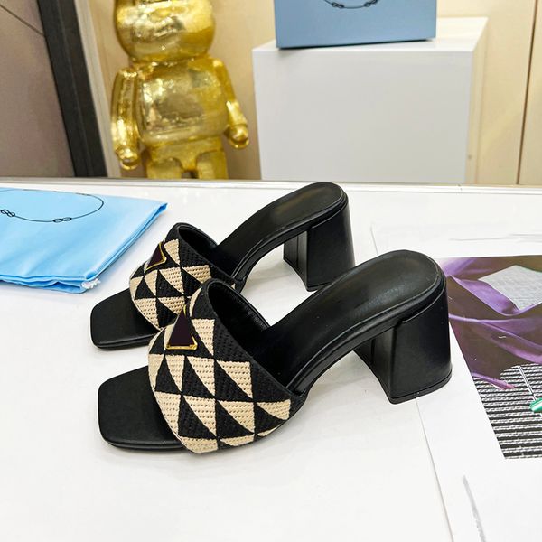designer womens sandals thick heel slippers match color woven upper enamelled hardware triangle logo high heels round head outdoor beach sho, Black
designer womens sandals thick heel slippers match color woven upper enamelled hardware triangle logo high heels round head outdoor beach sho, Black