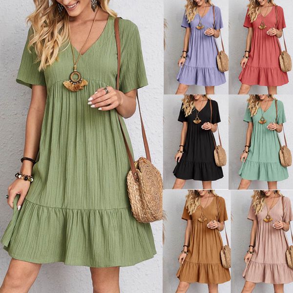 

Designer dress for woman Vintage Solid Mini Dresses Women Summer Casual V Neck Ruffles Dress 2023 Ladies Boho Elegant Beach Party Loose Vestidos wed dress for bride, Pink