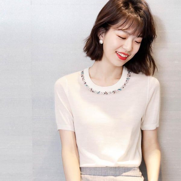 t-shirt summer t shirt women o neck knitted sweater korean style hand nail bead short sleeve new elegant tee shirt, White
t-shirt summer t shirt women o neck knitted sweater korean style hand nail bead short sleeve new elegant tee shirt, White