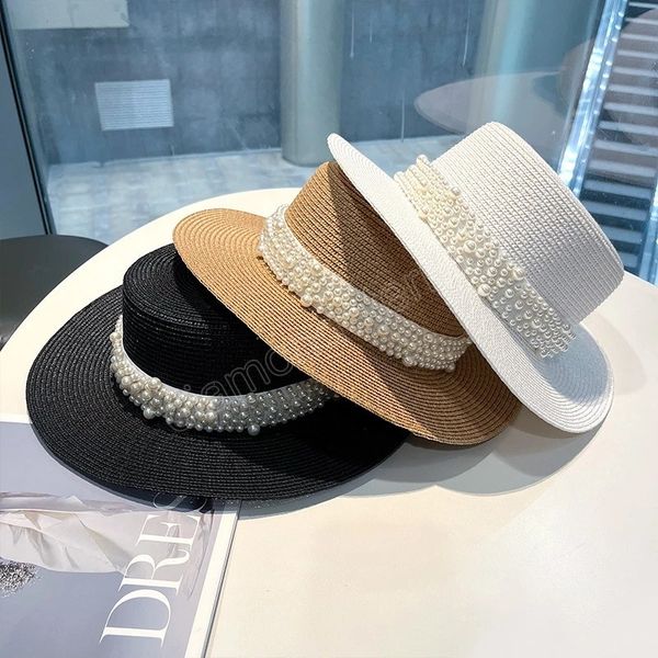 flat straw hat pearl decoration leisure summer sunscreen hat women's fashionable beach boater hat gifts, Blue;gray
flat straw hat pearl decoration leisure summer sunscreen hat women's fashionable beach boater hat gifts, Blue;gray