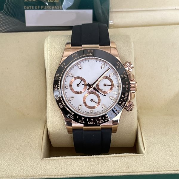 luxury men's watch rose gold 40mm white dial ceramics bezel cal.4130 automatic movement 904 stainless steel rubber bracelet 12.2mm thic, Slivery;brown
luxury men's watch rose gold 40mm white dial ceramics bezel cal.4130 automatic movement 904 stainless steel rubber bracelet 12.2mm thic, Slivery;brown
