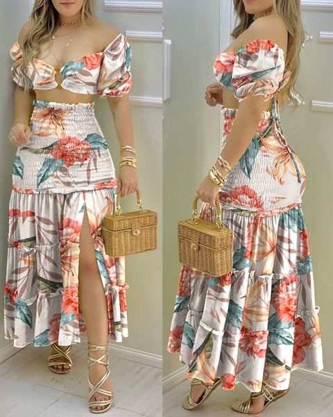 two piece dress fashion print shirr slit high waist women maxi skirt sets 230504, White
two piece dress fashion print shirr slit high waist women maxi skirt sets 230504, White