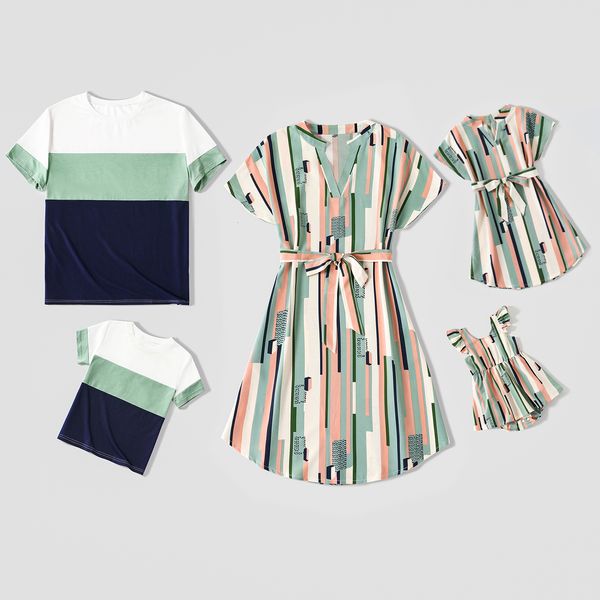 family matching outfits patpat geometric striped v neck drop shoulder belted dresses and colorblock short sleeve t shirts sets 230504, Blue
family matching outfits patpat geometric striped v neck drop shoulder belted dresses and colorblock short sleeve t shirts sets 230504, Blue