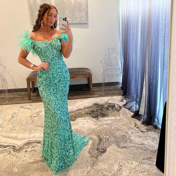 off shoulder prom dresses mint green sequins party evening dress feathers shoulder long special occasion dress, Black
off shoulder prom dresses mint green sequins party evening dress feathers shoulder long special occasion dress, Black