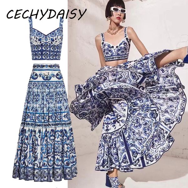two piece dress pieces skirt sets women short spaghetti strap blue and white porcelain skirts suit outfits traf runway fashion 230504 
two piece dress pieces skirt sets women short spaghetti strap blue and white porcelain skirts suit outfits traf runway fashion 230504