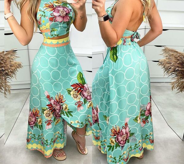 two piece dress long resort skirt suit ladies casual floral print halter tie crop high slit 230504, White
two piece dress long resort skirt suit ladies casual floral print halter tie crop high slit 230504, White