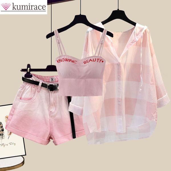 womens two piece pants fashion tiedyed shorts sunscreen plaid shirt pink bra threepiece elegant set summer outfits tracksuit for 230504, White
womens two piece pants fashion tiedyed shorts sunscreen plaid shirt pink bra threepiece elegant set summer outfits tracksuit for 230504, White