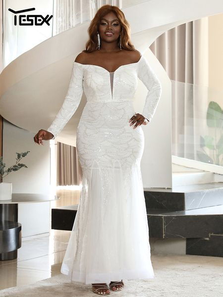 plus size dresses yesize off shoulder long sleeve mermaid hem sequin bride white wedding dress maxi 230504, Black
plus size dresses yesize off shoulder long sleeve mermaid hem sequin bride white wedding dress maxi 230504, Black