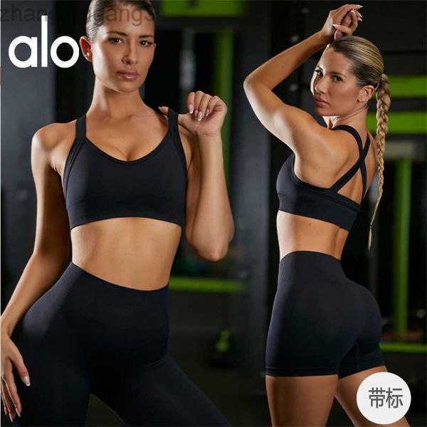 desginer alo yoga t shirt seamless dress women's sports bra high waist hip lift pants fitness long sleeves, White