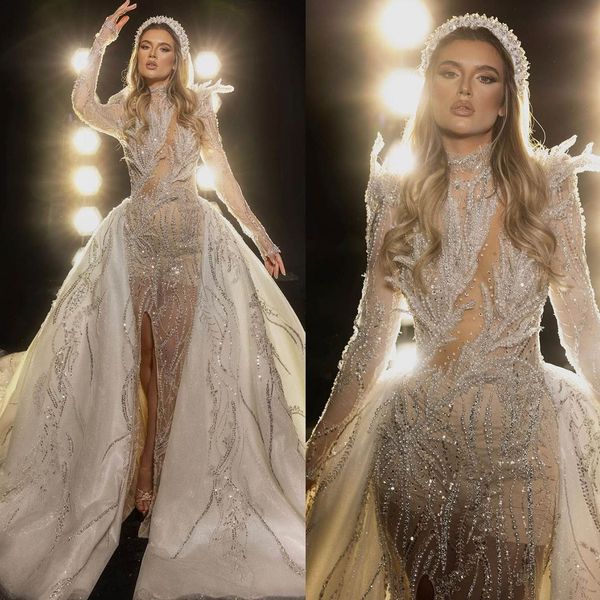 glitter pearls mermaid wedding dresses long sleeves beading bridal gown custom made with detachable train side split wedding gowns, White
glitter pearls mermaid wedding dresses long sleeves beading bridal gown custom made with detachable train side split wedding gowns, White