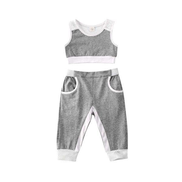 

clothing sets 1-5y summer causal infant kids girls clothes sets sleeveless solid vest +long pants grey sports outfits aa230504, White