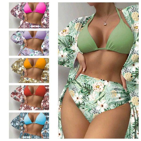 long sleeved blouse sunscreen swimwear printed bikini three piece swimsuit, White;black
long sleeved blouse sunscreen swimwear printed bikini three piece swimsuit, White;black