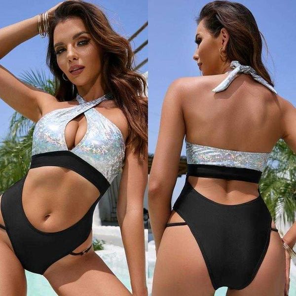 color matching one piece swimsuit halter personality swimming suit processing, White;black
color matching one piece swimsuit halter personality swimming suit processing, White;black