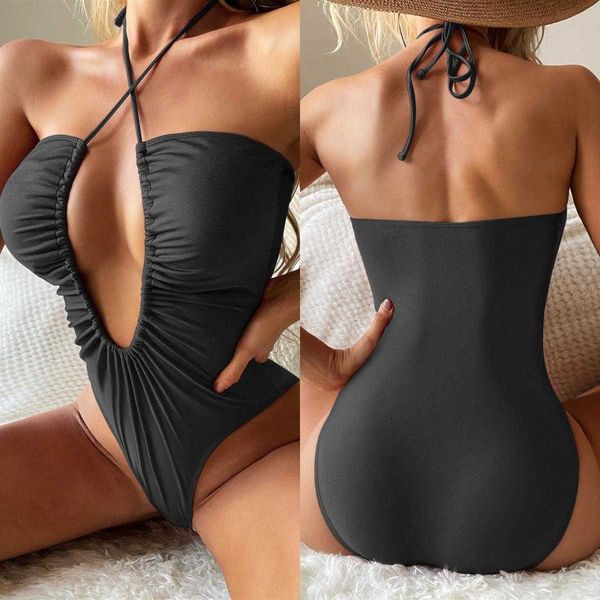 womens one piece solid color swimwear halter drawstring low cut swimsuit direct supply, White;black
womens one piece solid color swimwear halter drawstring low cut swimsuit direct supply, White;black