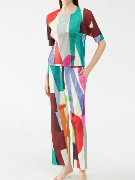 womens two piece pants miyake color blocking geometric pattern fashion design short sleeve round neck women print pleated summer high waist, White
womens two piece pants miyake color blocking geometric pattern fashion design short sleeve round neck women print pleated summer high waist, White