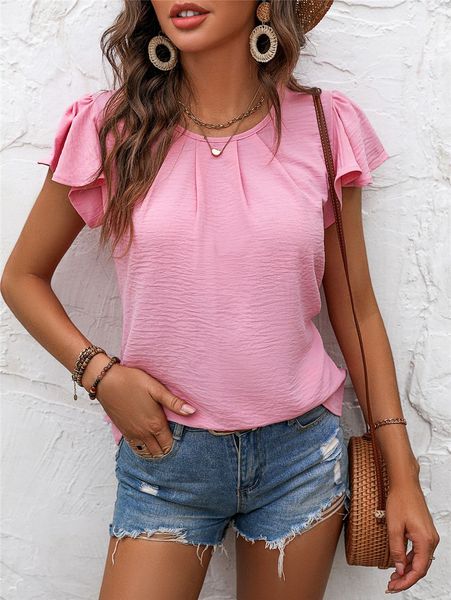 women's blouses fashion women summer solid color chiffon blouse shrinkage design ruffles decor o-neck butterfly sleeve loose pullovers, White
women's blouses fashion women summer solid color chiffon blouse shrinkage design ruffles decor o-neck butterfly sleeve loose pullovers, White