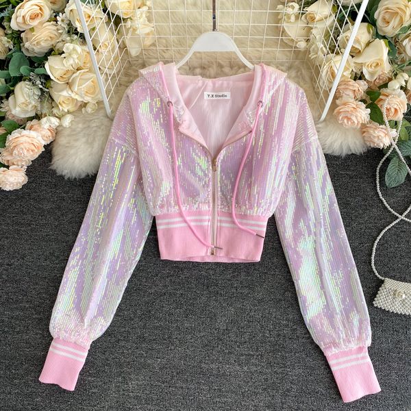 women's jackets bling sequined short design summer jacket women chic hooded bolds sequines jacket 230505, Black;brown
women's jackets bling sequined short design summer jacket women chic hooded bolds sequines jacket 230505, Black;brown