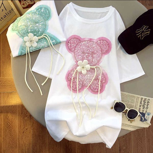 women's t-shirt tshirts for women summer korean fashion 100 cotton short sleeve tshirt bear sequins designer clothes women luxury s4xl, White
women's t-shirt tshirts for women summer korean fashion 100 cotton short sleeve tshirt bear sequins designer clothes women luxury s4xl, White