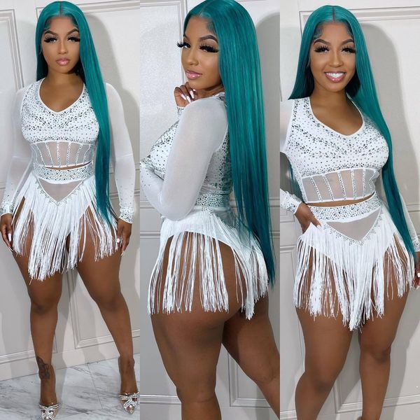 two piece dress set for women summer party outfits mesh see though diamonds long sleeved crop and tassel mini skirt suit 230505, White
two piece dress set for women summer party outfits mesh see though diamonds long sleeved crop and tassel mini skirt suit 230505, White