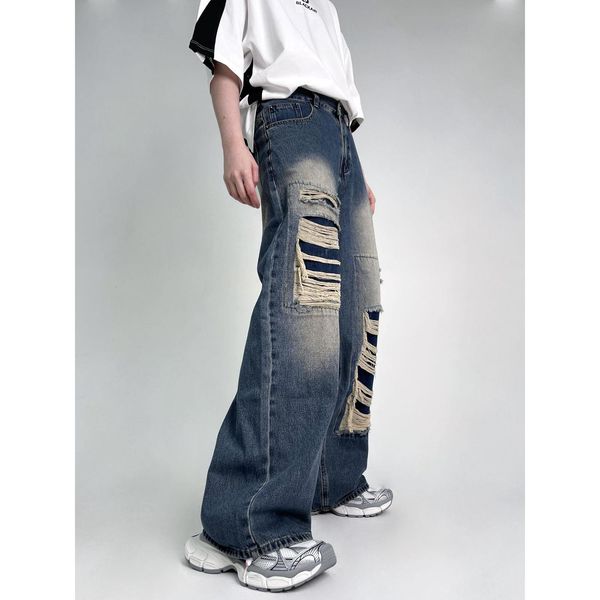 men's jeans retro american design ripped men jeans loose straight leg trendy brand ins couple washed wideleg pants 230504, Blue
men's jeans retro american design ripped men jeans loose straight leg trendy brand ins couple washed wideleg pants 230504, Blue