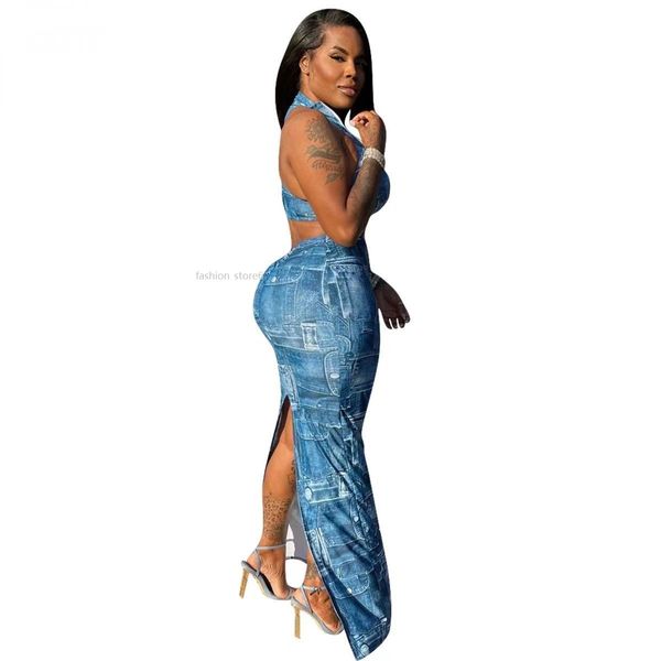 2023 women's fashion denim print hanging neck wrapped chest high waist split half skirt set two piece set, Black;gray
2023 women's fashion denim print hanging neck wrapped chest high waist split half skirt set two piece set, Black;gray