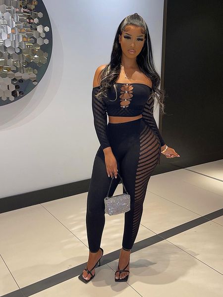 women's two piece pants kliou see through set women off shoulder hollow out full sleeve +striped skinny female lingerie outfits 230504, White 
women's two piece pants kliou see through set women off shoulder hollow out full sleeve +striped skinny female lingerie outfits 230504, White