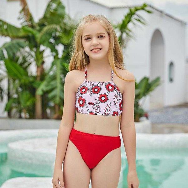 childrens split two pieces printed older kids swimwear strap swimsuit, Blue