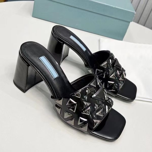 summer golden texture womens slide mid heel sandals slippers designers triangle metal label leather rubber high heels, Black
summer golden texture womens slide mid heel sandals slippers designers triangle metal label leather rubber high heels, Black