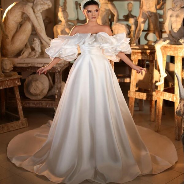 princess soft satin a line wedding dresses flowers ruffles off shoulder mariage bridal gowns vestido de noiva, White
princess soft satin a line wedding dresses flowers ruffles off shoulder mariage bridal gowns vestido de noiva, White