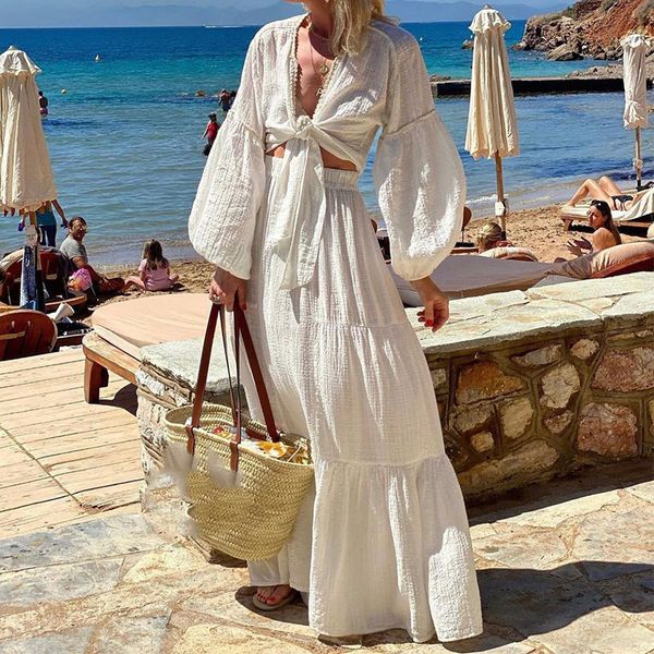 two piece dress vneck bow laceup long skirt outfits women elegant lantern sleeve suit fashion hight waist solid set 230505, White
two piece dress vneck bow laceup long skirt outfits women elegant lantern sleeve suit fashion hight waist solid set 230505, White