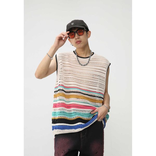 men's 2023 summer new casual stripe loose knitted sleeveless tank hollow out t-shirt fashion, White;black
men's 2023 summer new casual stripe loose knitted sleeveless tank hollow out t-shirt fashion, White;black