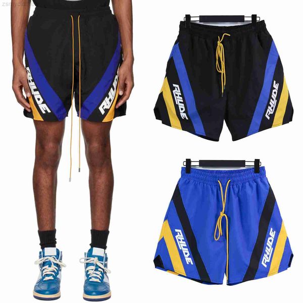 

men's shorts 2023 summer style contrast color spliced rhude shorts men women streetwear inside mesh long drawstring breeches with tags, White;black