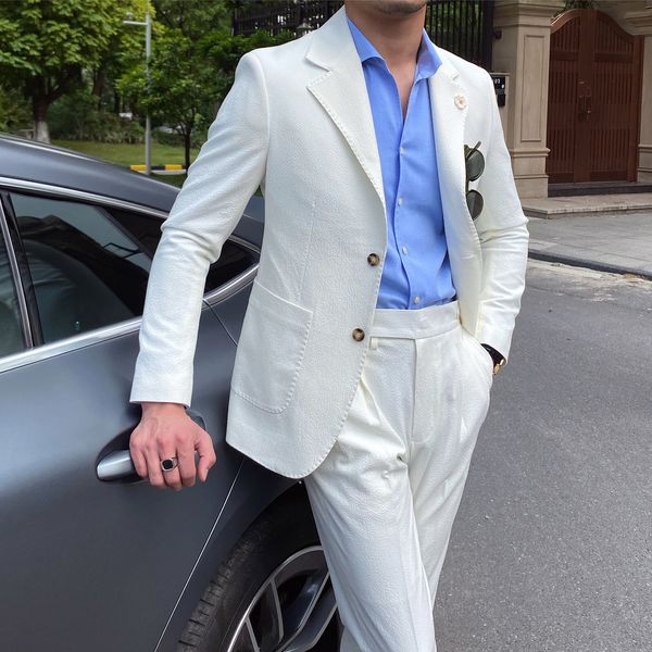 men's suits blazers new summer seersucker suit men italian style british slim fit casual white suit trendy man smoking homme mariage me, White;black
men's suits blazers new summer seersucker suit men italian style british slim fit casual white suit trendy man smoking homme mariage me, White;black