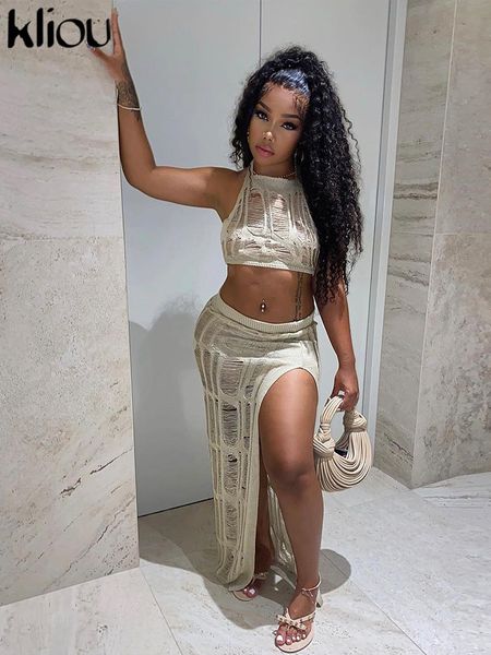two piece dress kliou knitted solid hollow out set women concise halter sleeveless croped side split high waist skirt street suits 230504, White
two piece dress kliou knitted solid hollow out set women concise halter sleeveless croped side split high waist skirt street suits 230504, White
