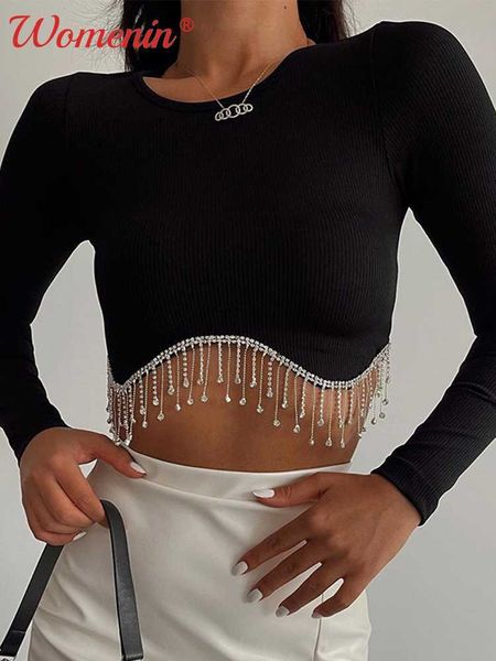 women's t-shirt women rhinestone tassel cropped autumn slim solid crewneck female tshirts chic elegant long sleeve lady tshirt j230504, White
women's t-shirt women rhinestone tassel cropped autumn slim solid crewneck female tshirts chic elegant long sleeve lady tshirt j230504, White