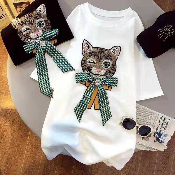 women's t-shirt tshirt women summer korean fashion drill cat bow print loose cotton women plus size luxury designer clothing women j230, White
women's t-shirt tshirt women summer korean fashion drill cat bow print loose cotton women plus size luxury designer clothing women j230, White
