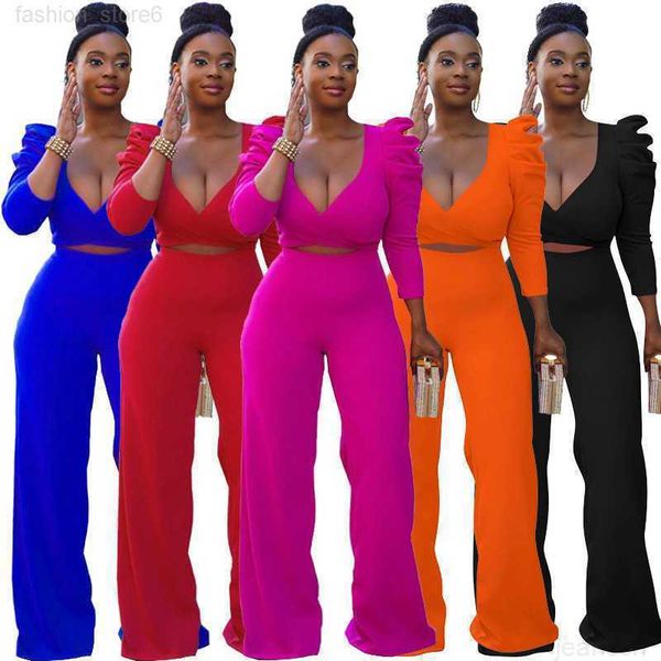 women designers pant clothes 2023 high waist deep v-neck bubble sleeve bandage casual wide leg pants set, White
women designers pant clothes 2023 high waist deep v-neck bubble sleeve bandage casual wide leg pants set, White