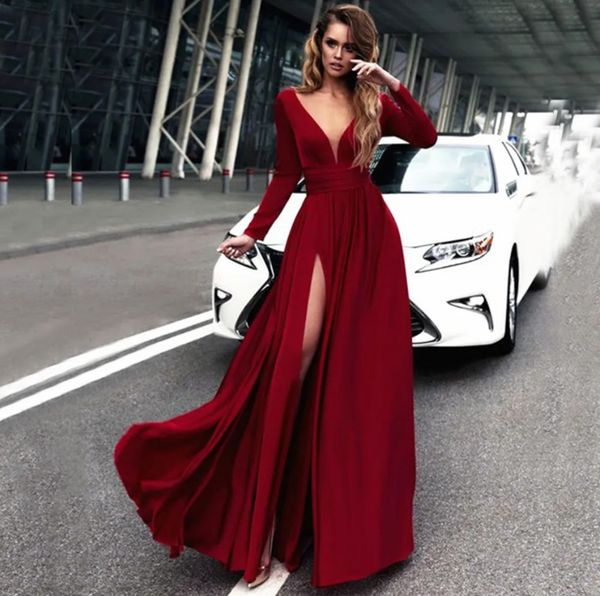 formal evening dresses a line prom party gown v-neck long sleeve floor-length sweep train satin long backless split custom, Black
formal evening dresses a line prom party gown v-neck long sleeve floor-length sweep train satin long backless split custom, Black