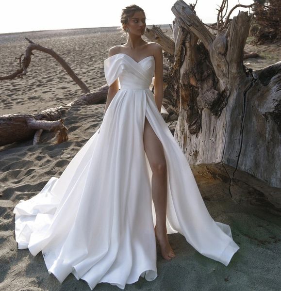 a line satin wedding dress runched one shoulder slit front bridal formal gowns sweet train boho vestidos de novia custom made, White
a line satin wedding dress runched one shoulder slit front bridal formal gowns sweet train boho vestidos de novia custom made, White