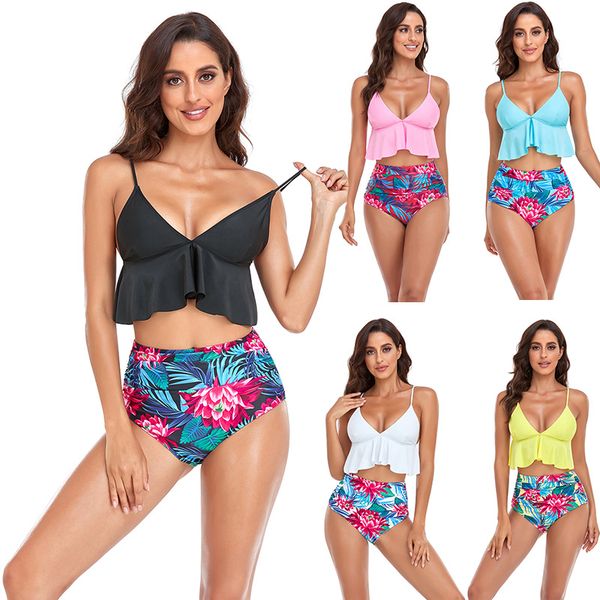 women's summer swimming suits deep-v neck falbala solid color beachwear high-waist floral printted briefs swimwear for 2023 new fashion, White;black
women's summer swimming suits deep-v neck falbala solid color beachwear high-waist floral printted briefs swimwear for 2023 new fashion, White;black