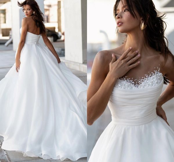 a line organza wedding dress sheer beaded peal neck pleat bridal formal gowns sweet train vestidos de novia custom made, White
a line organza wedding dress sheer beaded peal neck pleat bridal formal gowns sweet train vestidos de novia custom made, White