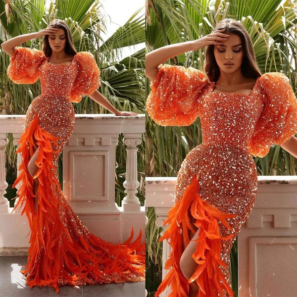 sparkle orange feathers prom dresses square collar sequined party dresses side split custom made evening dress, Black;red
sparkle orange feathers prom dresses square collar sequined party dresses side split custom made evening dress, Black;red