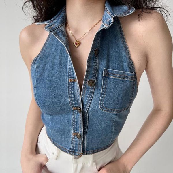 women's tanks summer outer wear design lapel women's european and american retro backless halter vest, White
women's tanks summer outer wear design lapel women's european and american retro backless halter vest, White