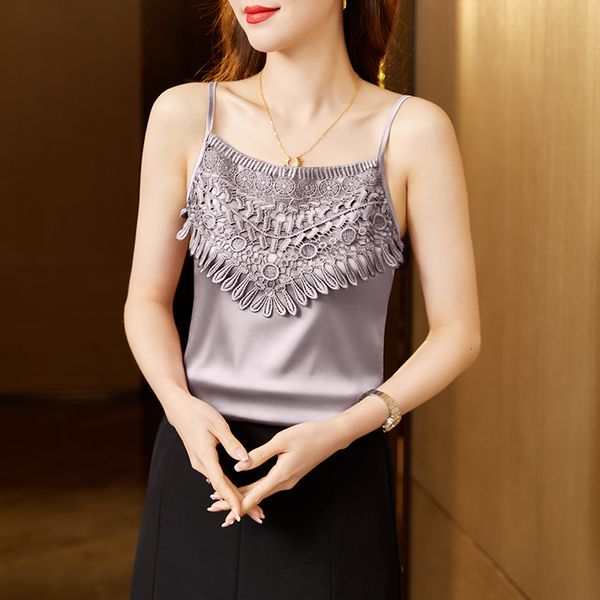 camisoles tanks silk women blouse floral satin elegant blouses hollow tank camisole slim solid womens summer female clothing 230506, Black;white