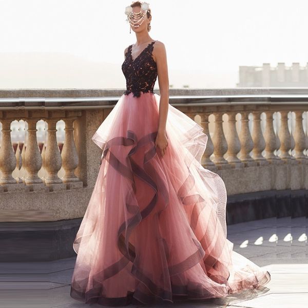 lace applique a-line prom dresses ruffles sweep train tulle formal long women plus size evening party gowns special occasion gowns, Black
lace applique a-line prom dresses ruffles sweep train tulle formal long women plus size evening party gowns special occasion gowns, Black